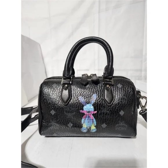 Authentic MCM Visestos Rabbit Small Boston Satchel Bag Black